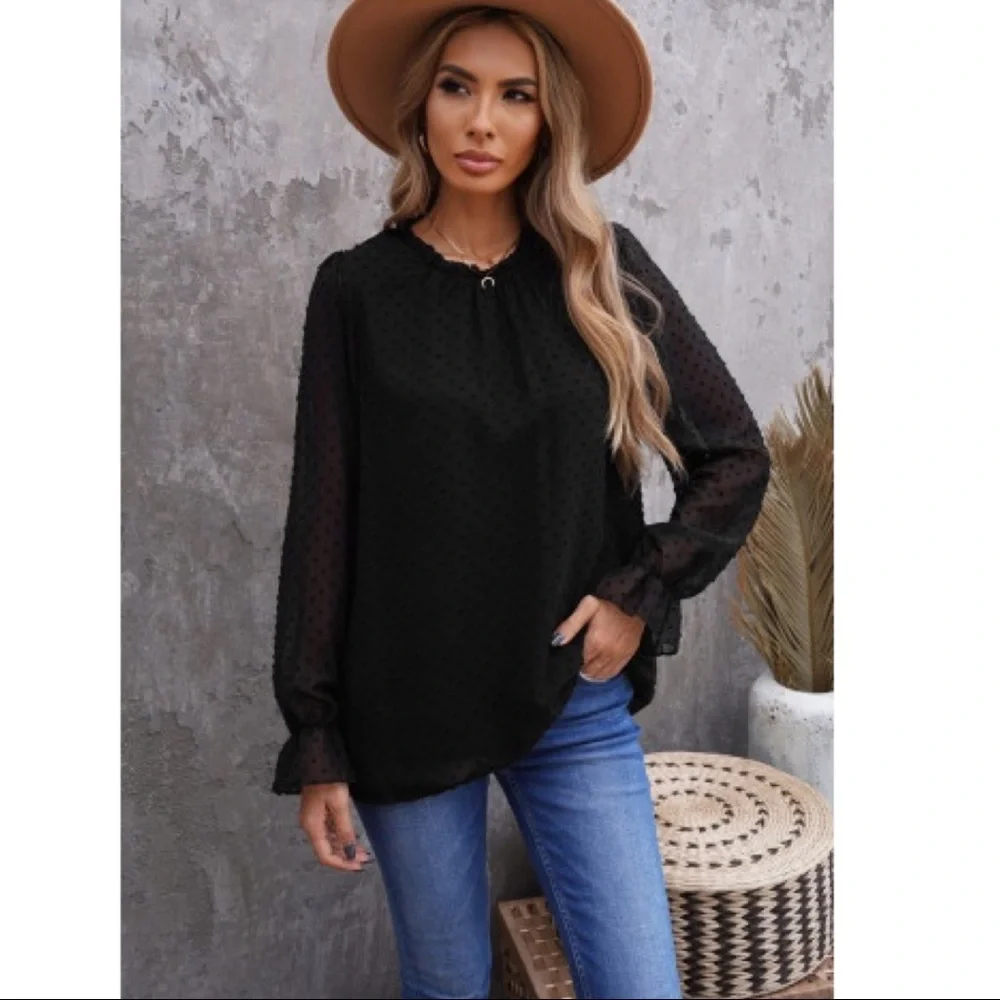 Black Ruffled Crewneck Swiss Dot Bubble Blouse - Picture 2 of 5